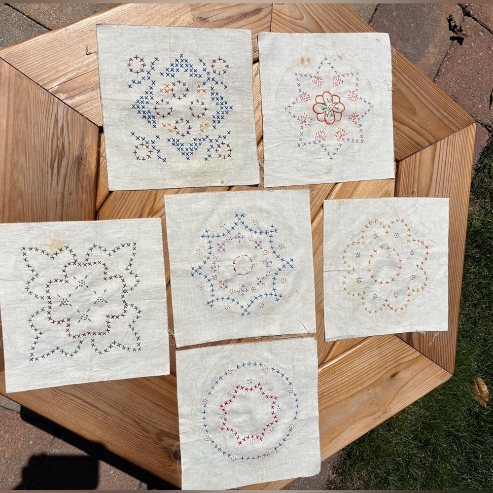 Vintage handmade embroidered quilt squares 9x9